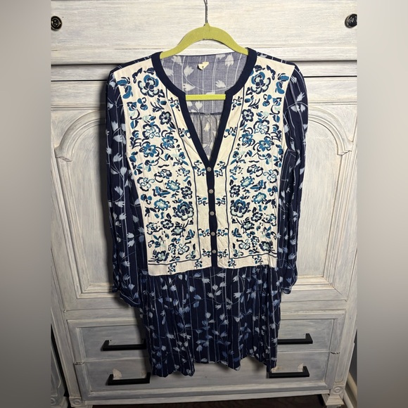 Anthropologie Tiny Semele Embroidered Patchwork Drop Waist Shirtdress Boho - Picture 4 of 11